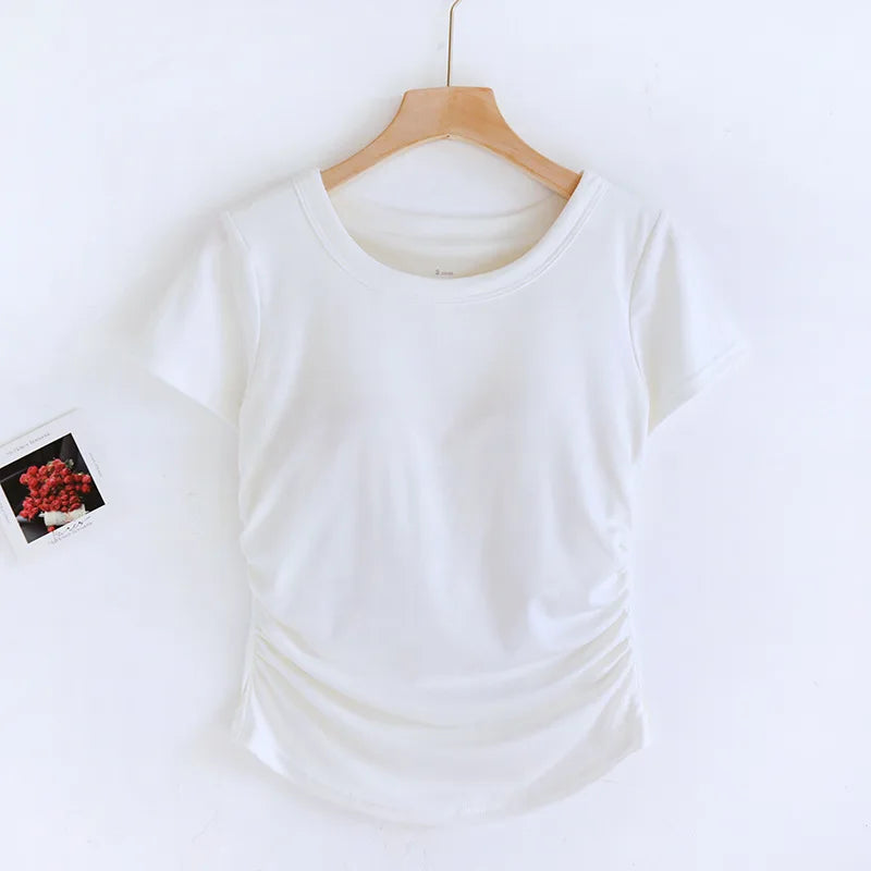 T-shirt en Coton avec Soutien-gorge intégré et Design Froncé