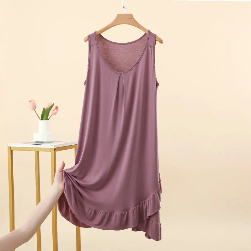 Robe de Nuit Femme en Modal – Col V à Volants, Coupe Ample et Confort Grande Taille