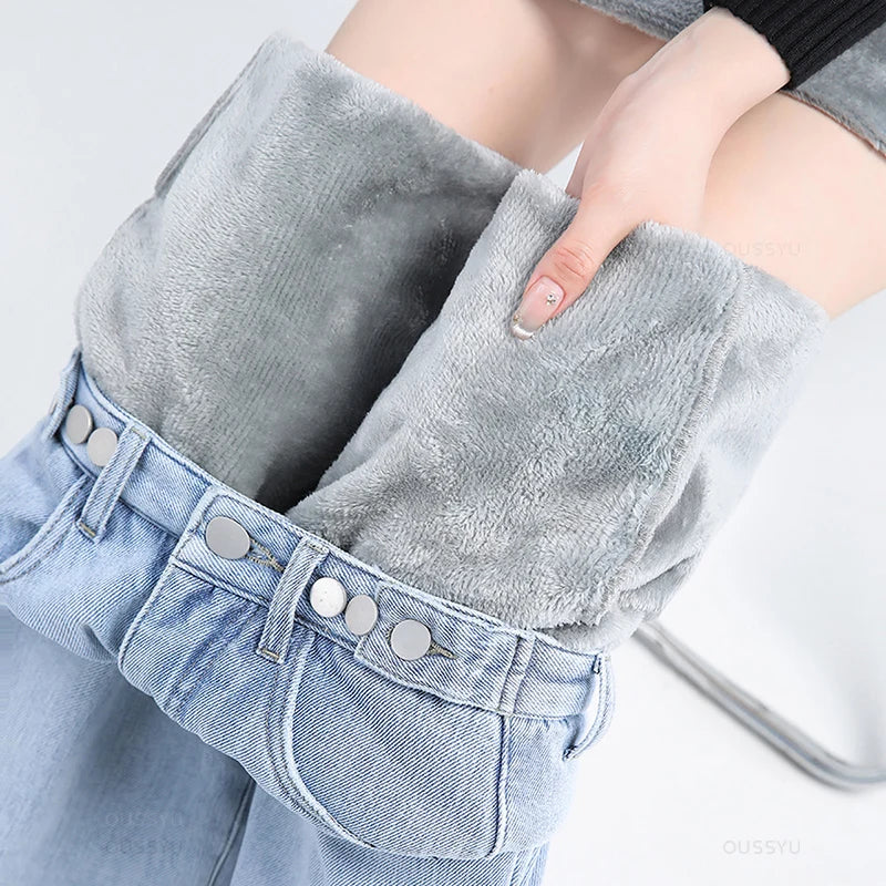 Jeans Thermiques Chauds et Épais Jambes Larges pour Femme