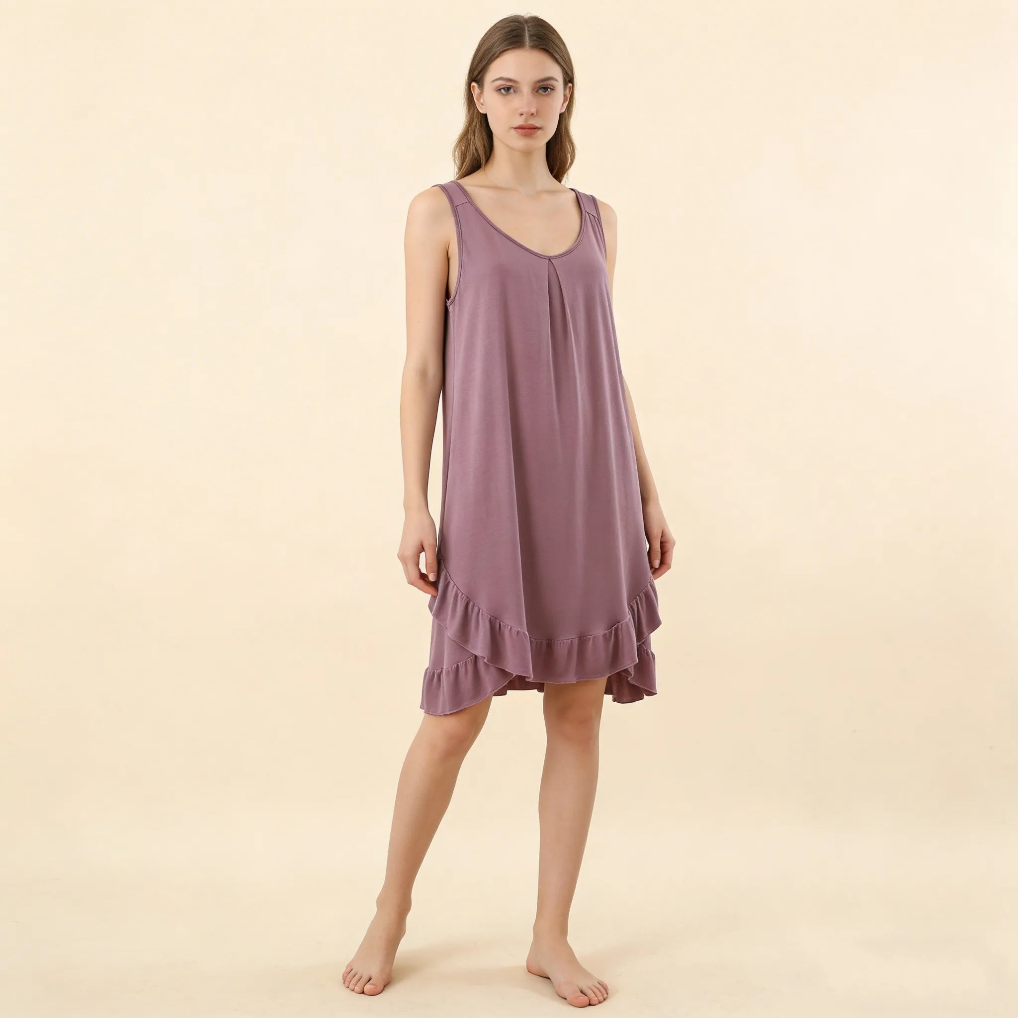 Robe de Nuit Femme en Modal – Col V à Volants, Coupe Ample et Confort Grande Taille