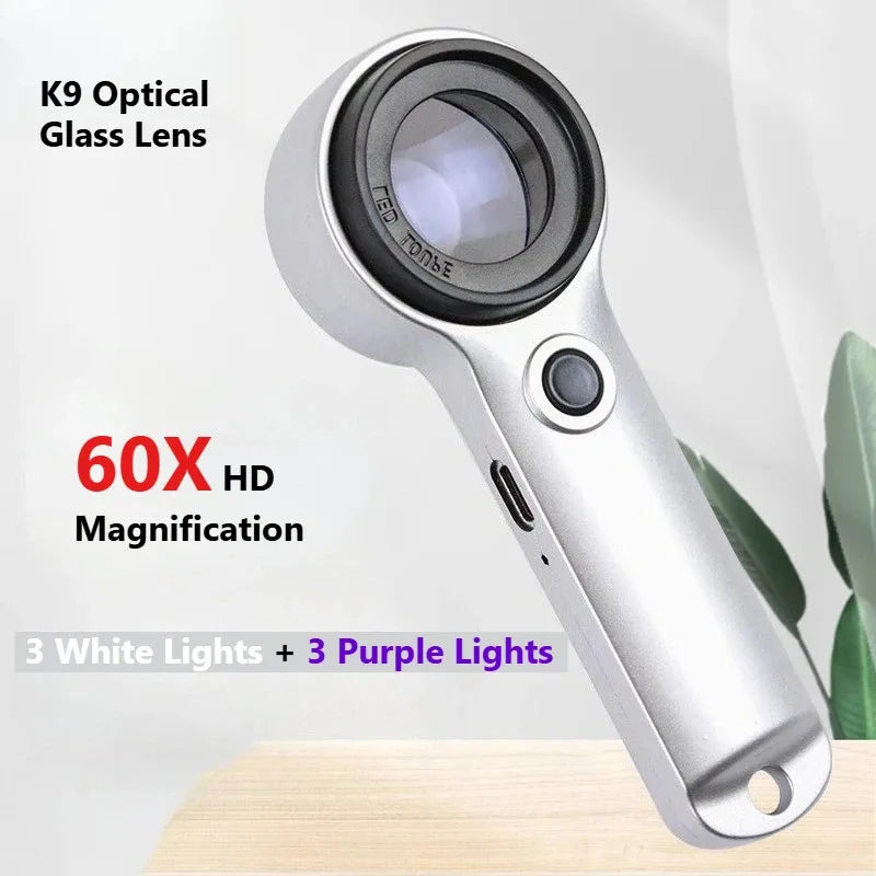 Loupe HD 60X Rechargeable avec LED et UV – Mini Microscope pour Bijoux, Antiquités, Lecture et Électronique