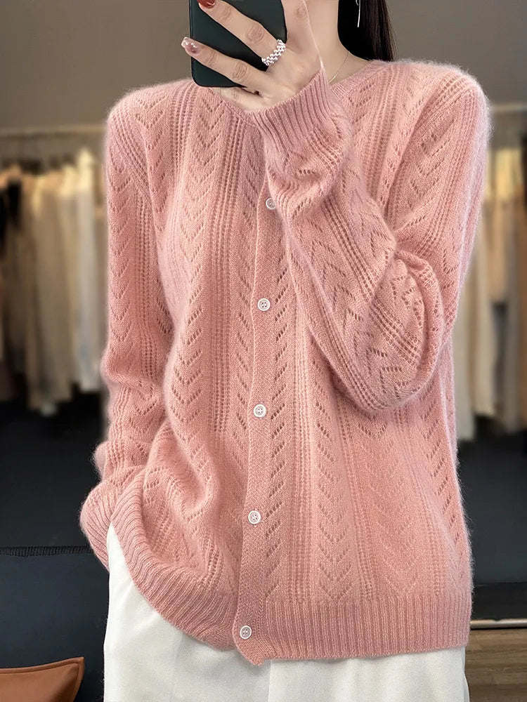 Cardigan tricot en laine à col rond pour femmes