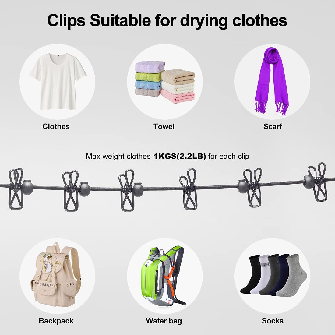 Corde élastique de séchage des vêtements voyage - 12 clips