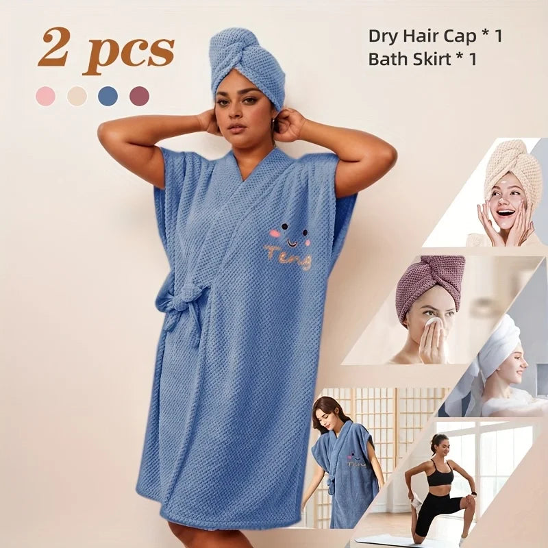 Ensemble 2PCS en Microfibre Absorbante – Peignoir Moelleux & Turban pour Cheveux, Idéal pour Spa et Maison