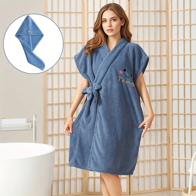 Ensemble 2PCS en Microfibre Absorbante – Peignoir Moelleux & Turban pour Cheveux, Idéal pour Spa et Maison
