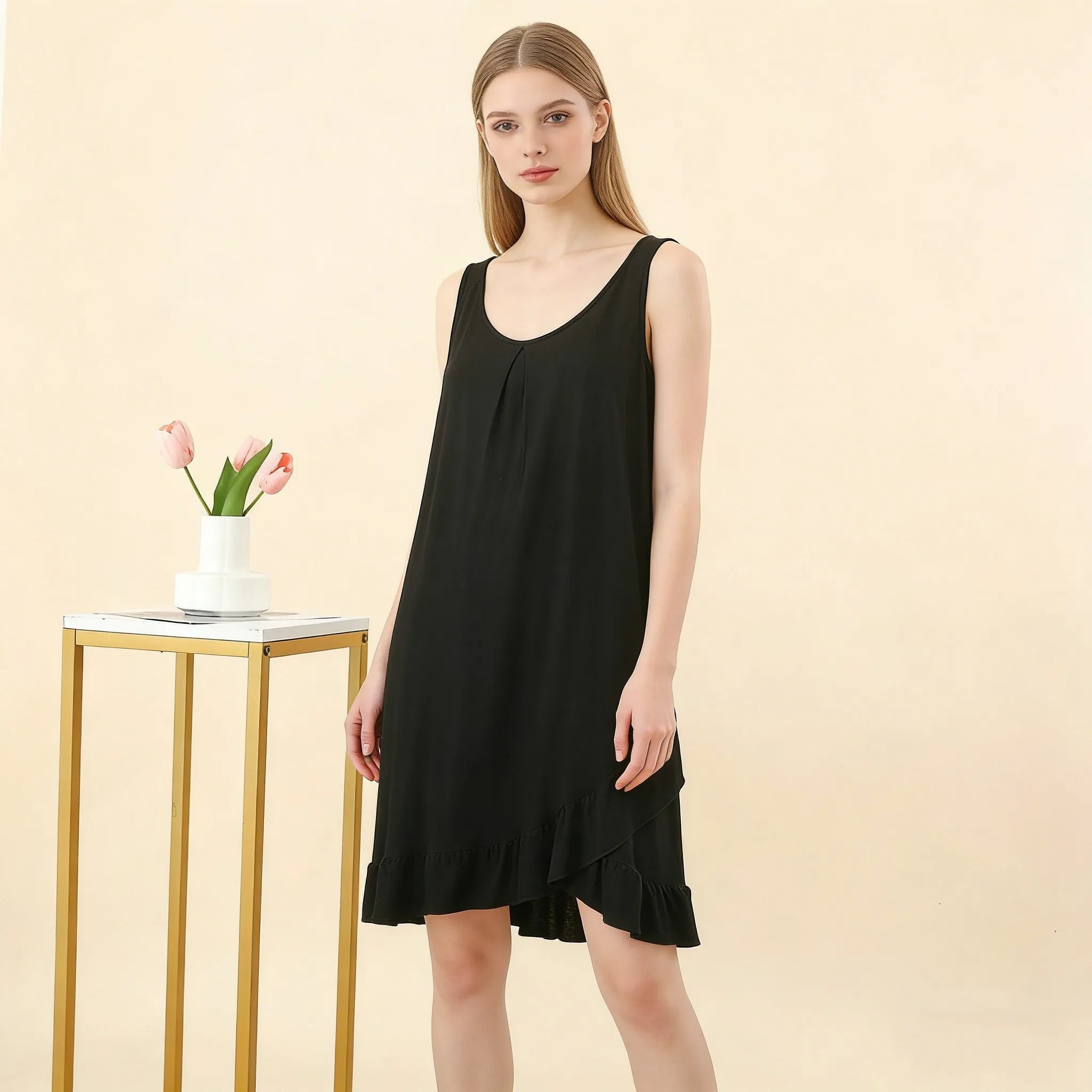 Robe de Nuit Femme en Modal – Col V à Volants, Coupe Ample et Confort Grande Taille