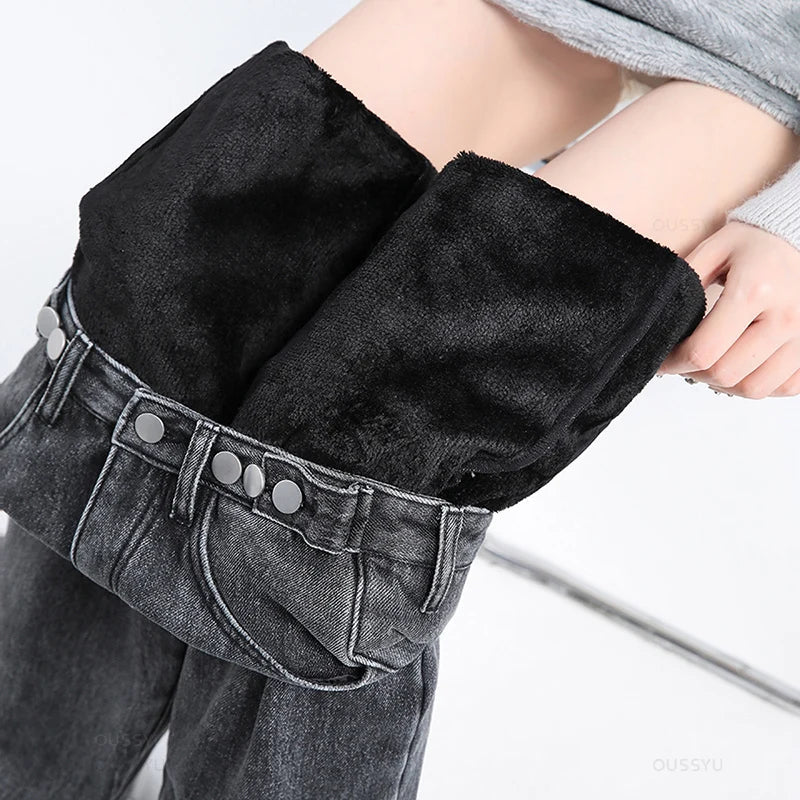 Jeans Thermiques Chauds et Épais Jambes Larges pour Femme