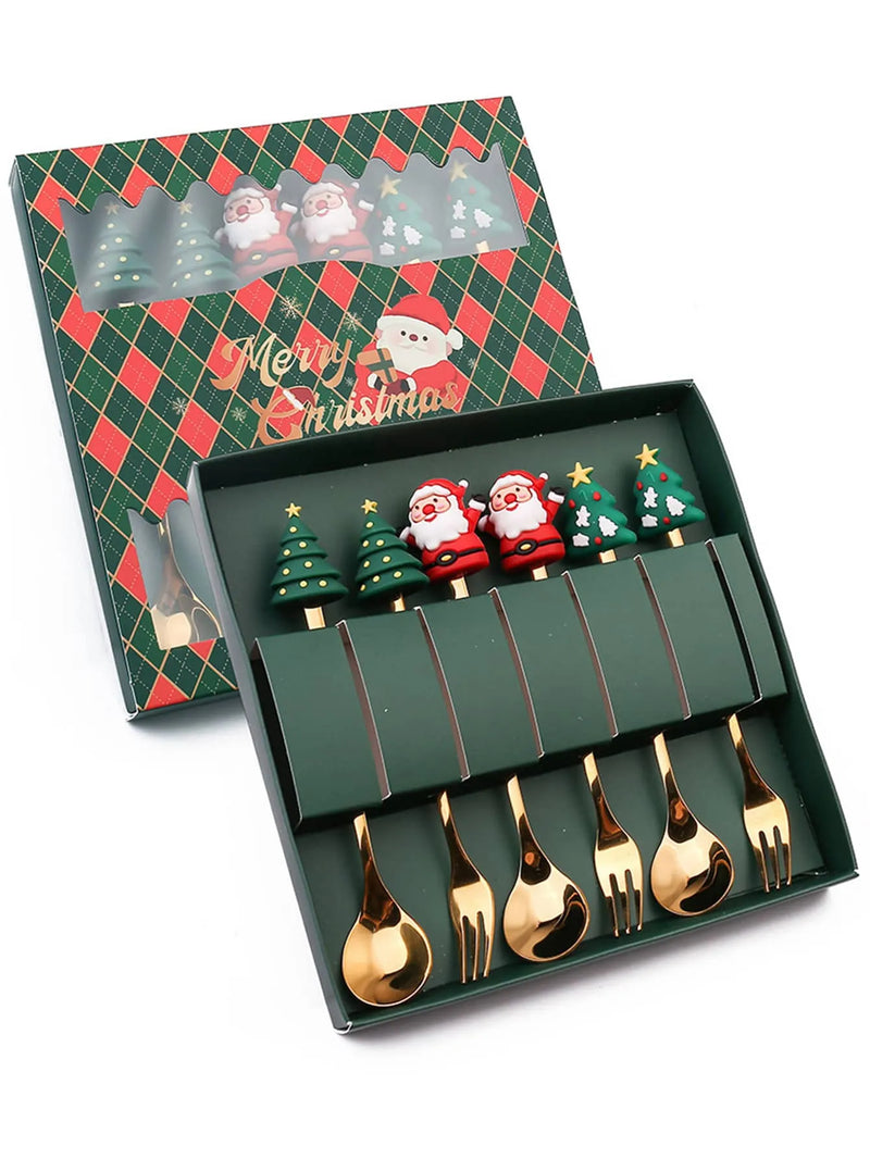 Coffret de 6 couverts de Noël - Cuillère et fourchette à dessert