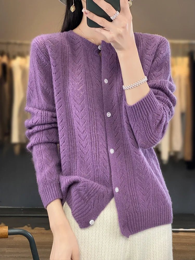 Cardigan tricot en laine à col rond pour femmes