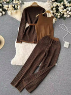 Ensemble Trois Pièces Elégant à Motifs - Cardigan, Débardeur & Pantalon