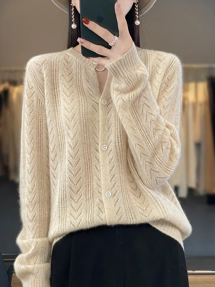 Cardigan tricot en laine à col rond pour femmes