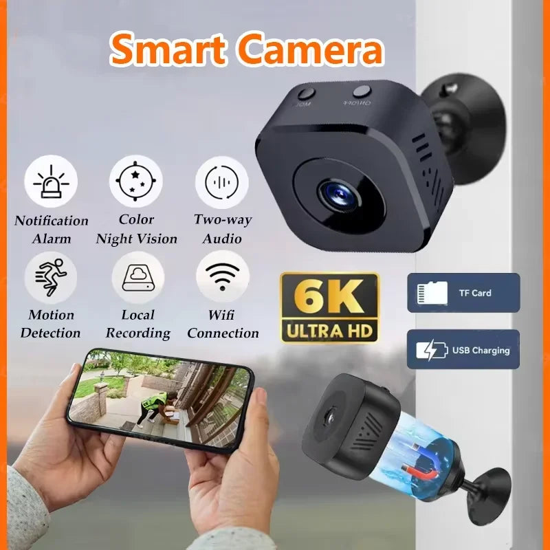Mini Caméra SMART WiFi 6K HD - Vision Nocturne & Détecteur de Mouvement - Support OFFERT