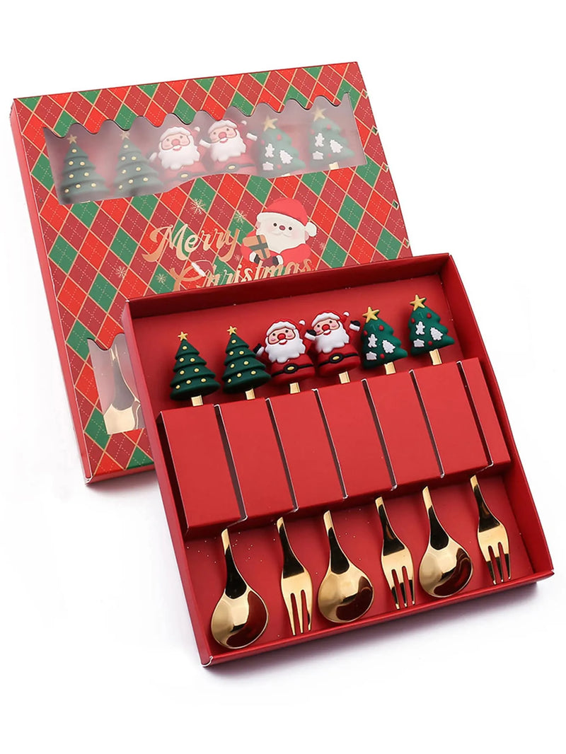 Coffret de 6 couverts de Noël - Cuillère et fourchette à dessert