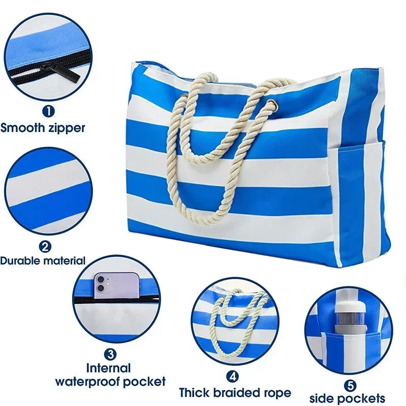Tote Bag Plage Imperméable Rayures Femme — Grand Format 50x35cm