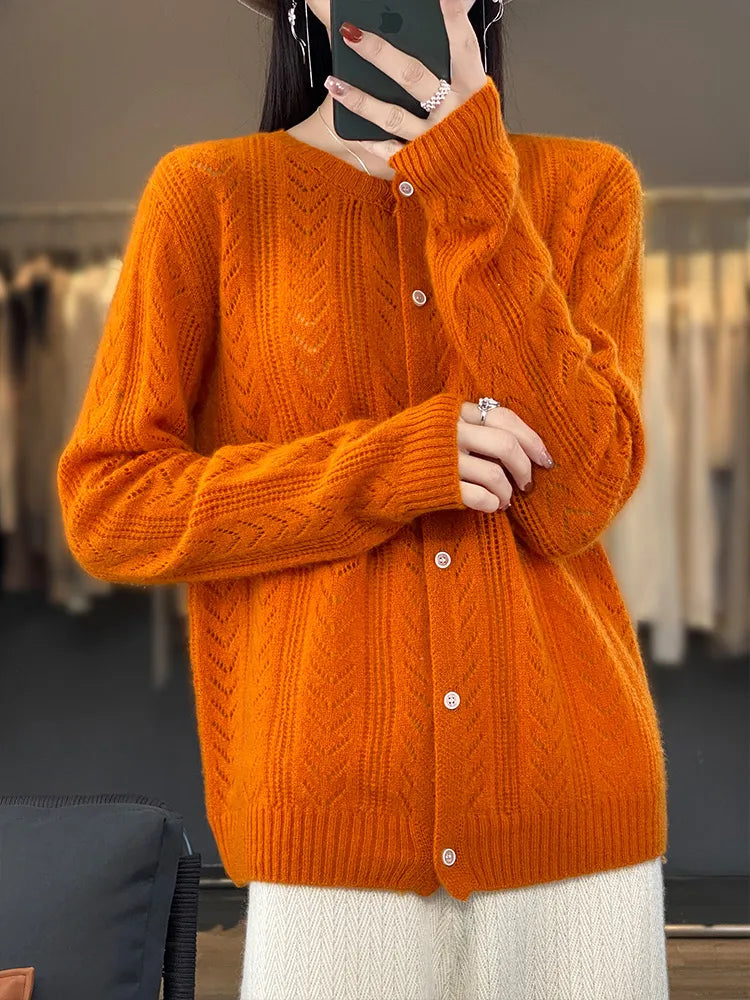 Cardigan tricot en laine à col rond pour femmes