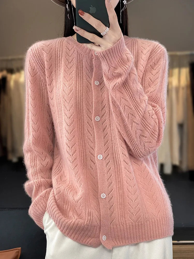 Cardigan tricot en laine à col rond pour femmes