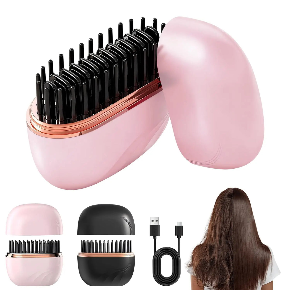 Mini Brosse Lissante Sans Fil & Compacte de Voyage – 3 Températures, Anti-Brûlure, Rechargeable USB