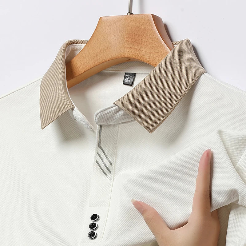 Polo à Manches Longues à Col Beige pour Homme