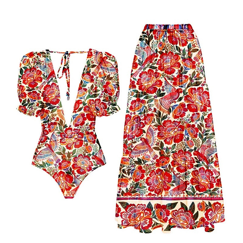 Ensemble 2PCS - Maillot de bain 1PC et Jupe longue à motif floral