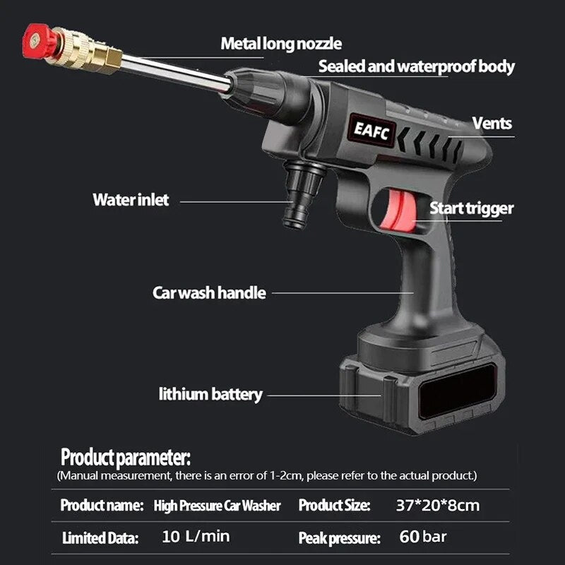 Pistolet de lavage de voiture haute pression sans fil - 60BARS